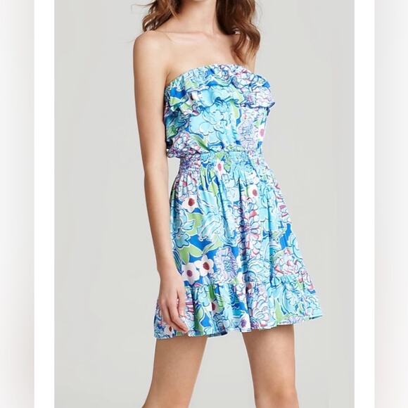 Lilly Pulitzer Dress Quincy Worth Blue May Flowers Strapless Beach Vacation S - Picture 3 of 14